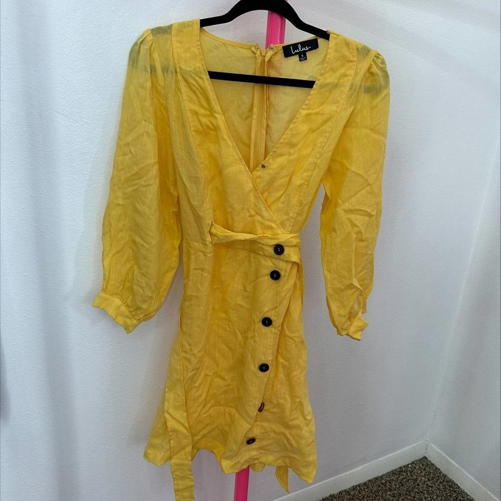 LULUS AJA GOLDEN YELLOW THREE-QUARTER BALLOON‎ SLEEVE DRESS- SIZE S
